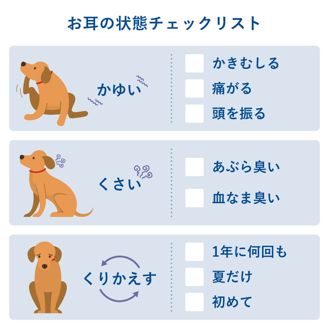 愛犬・愛猫に、耳がかゆくてかきむしる、耳を痛がる、頭を振る、脂や血のようなにおいがするなどの様子が見られた場合は、犬猫用の耳洗浄液を使った耳のお手入れが必要です。