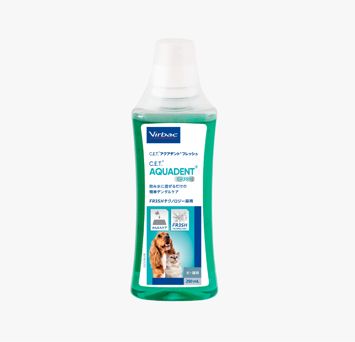 犬・猫用のデンタルケア製品「Virbac C.E.T. AQUADENT フレッシュ」250mlのボトル。