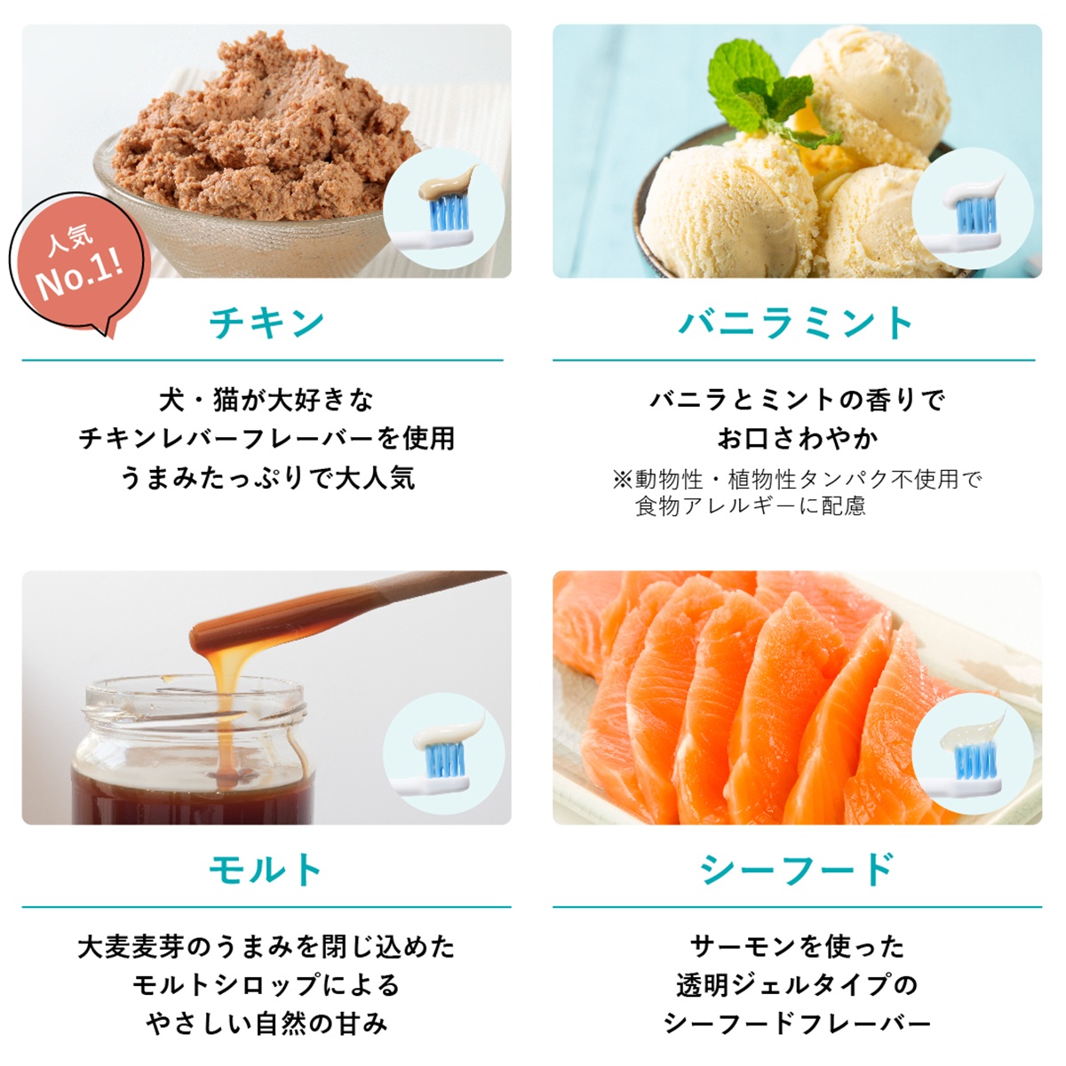 歯みがきペーストの4種類のフレーバー（チキン、バニラミント、モルト、シーフード）それぞれのイメージ写真と特徴、および歯ブラシにペーストを出した様子をまとめた画像。